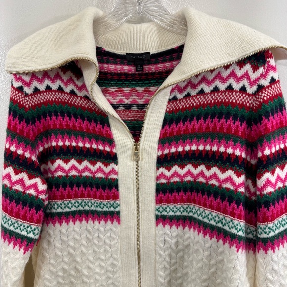 TALBOTS Joyful Fair Isle Cable Knit Soft Zip Up Sweater Jacket Top Size Medium - Picture 4 of 12